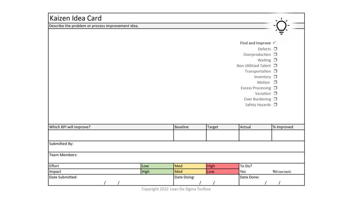 Kaizen Idea Cards – Lean Six Sigma Toolbox